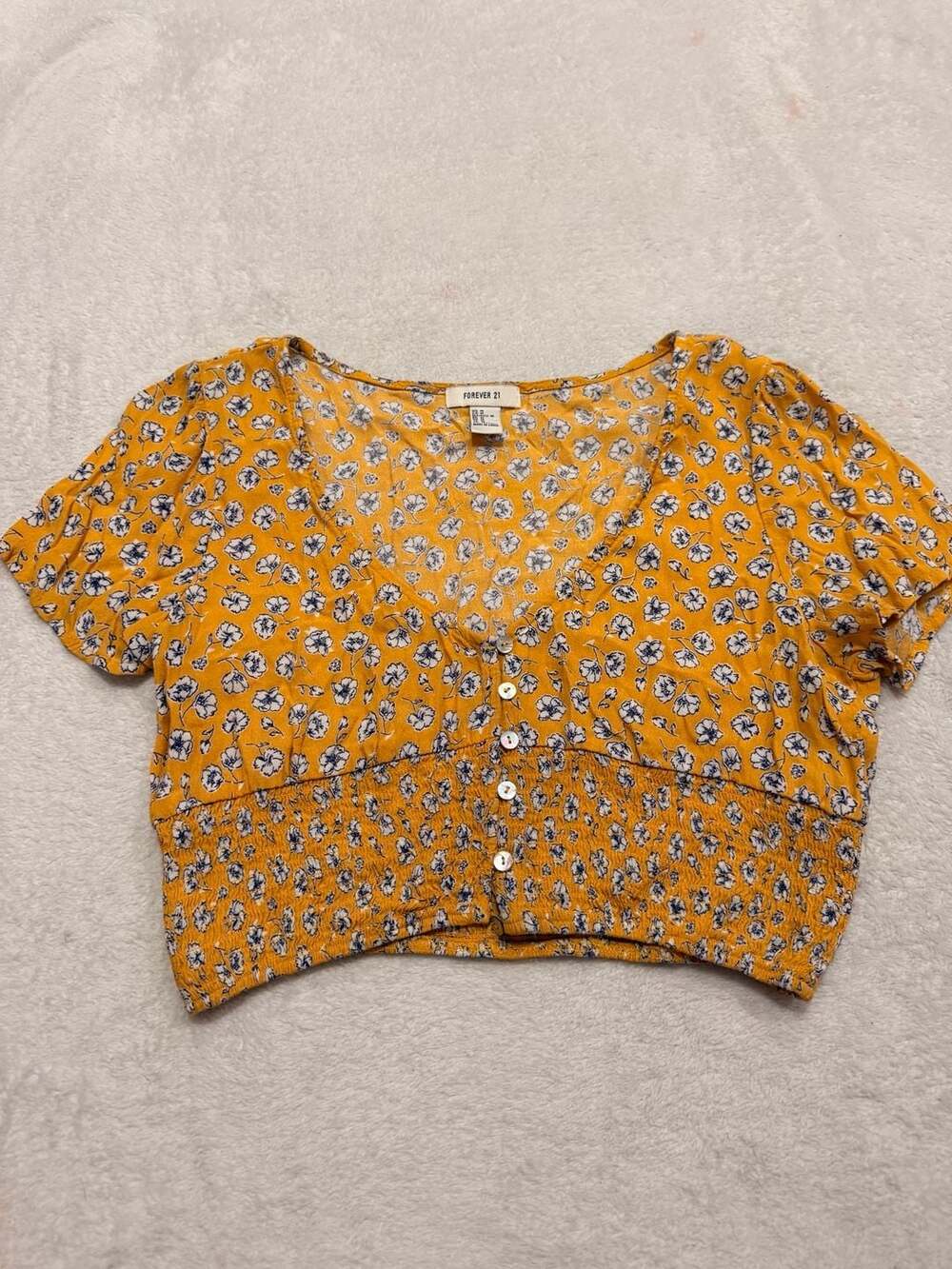 Forever 21 Yellow Floral Print Button-Front Smocked Crop Top Size M